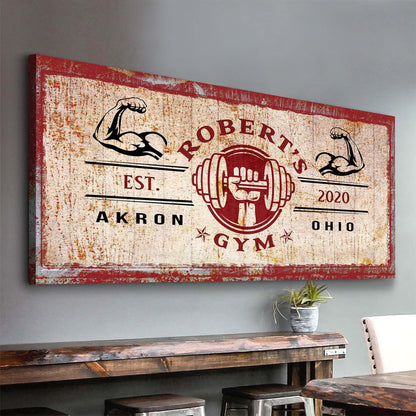 Gym Sign X canvas with rustic red border and weathered beige backdrop weightlifter arms on Tampa Home & Garden Store