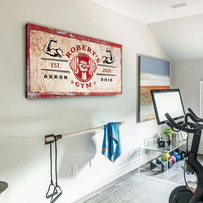 Gym Sign X canvas wall art in red distressed style with dumbbell graphic on home gym wall on Tampa Home & Garden Store