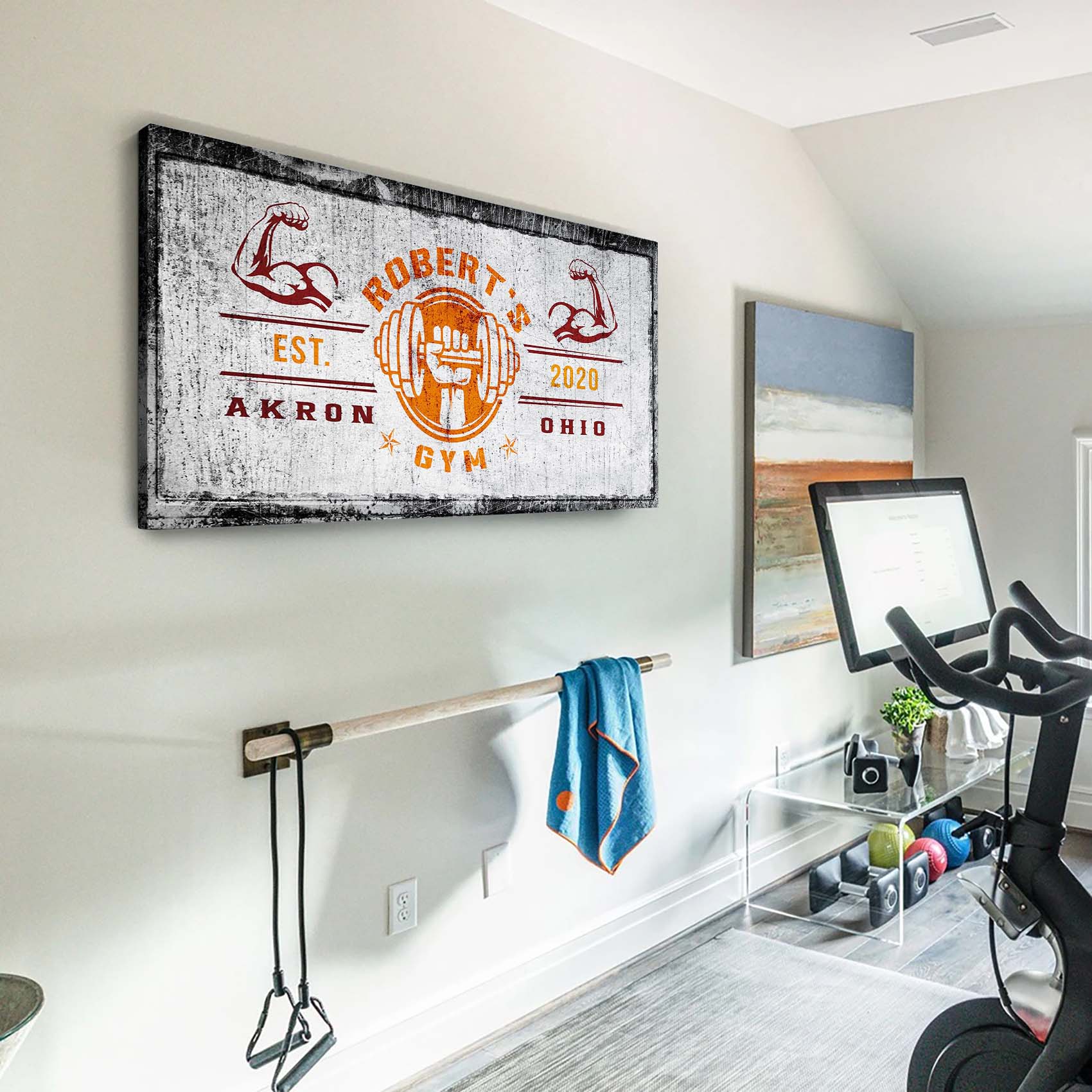 Gym Sign V canvas by Tailored Canvases with distressed white background and orange emblem on Tampa Home & Garden Store