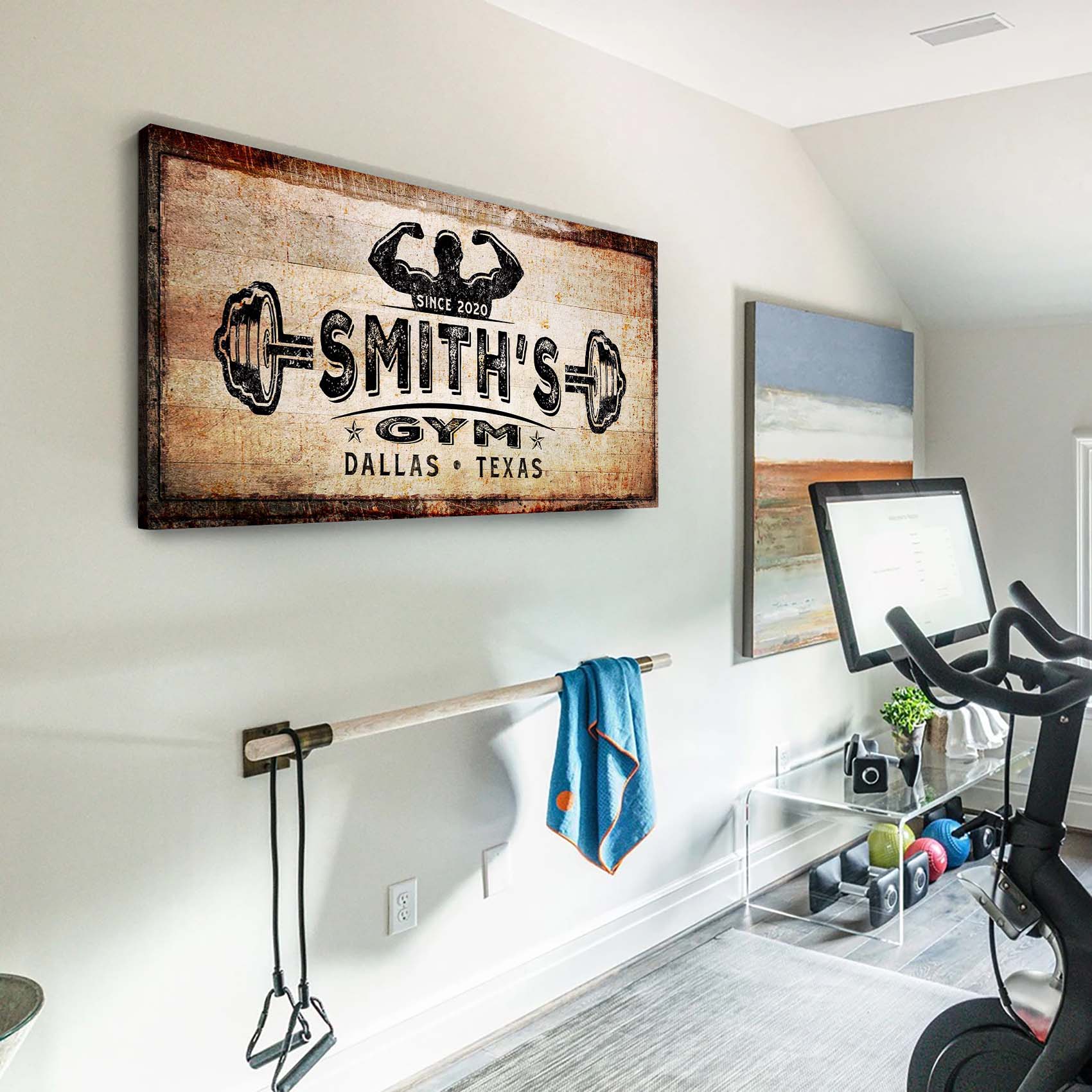 Gym Sign III canvas with rustic wood-grain background and Smith's Gym logo by Tailored Canvases on Tampa Home & Garden Store