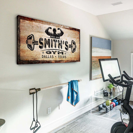 Gym Sign III canvas with rustic wood-grain background and Smith's Gym logo by Tailored Canvases on Tampa Home & Garden Store
