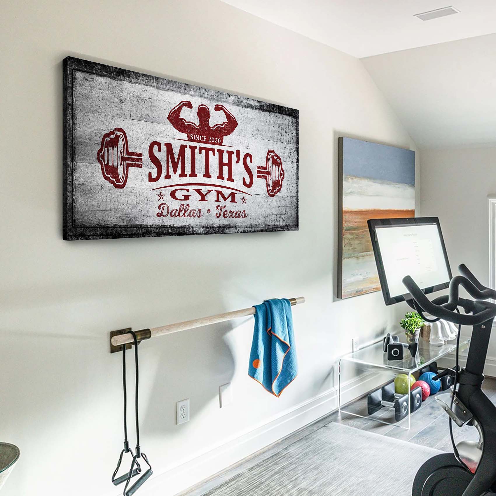 Gym Sign VI canvas by Tailored Canvases with distressed red Smith's Gym Dallas Texas logo on Tampa Home & Garden Store
