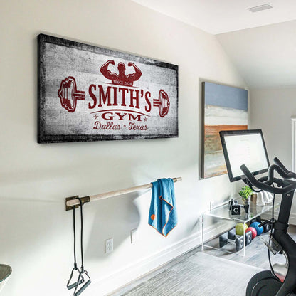 Gym Sign VI canvas by Tailored Canvases with distressed red Smith's Gym Dallas Texas logo on Tampa Home & Garden Store