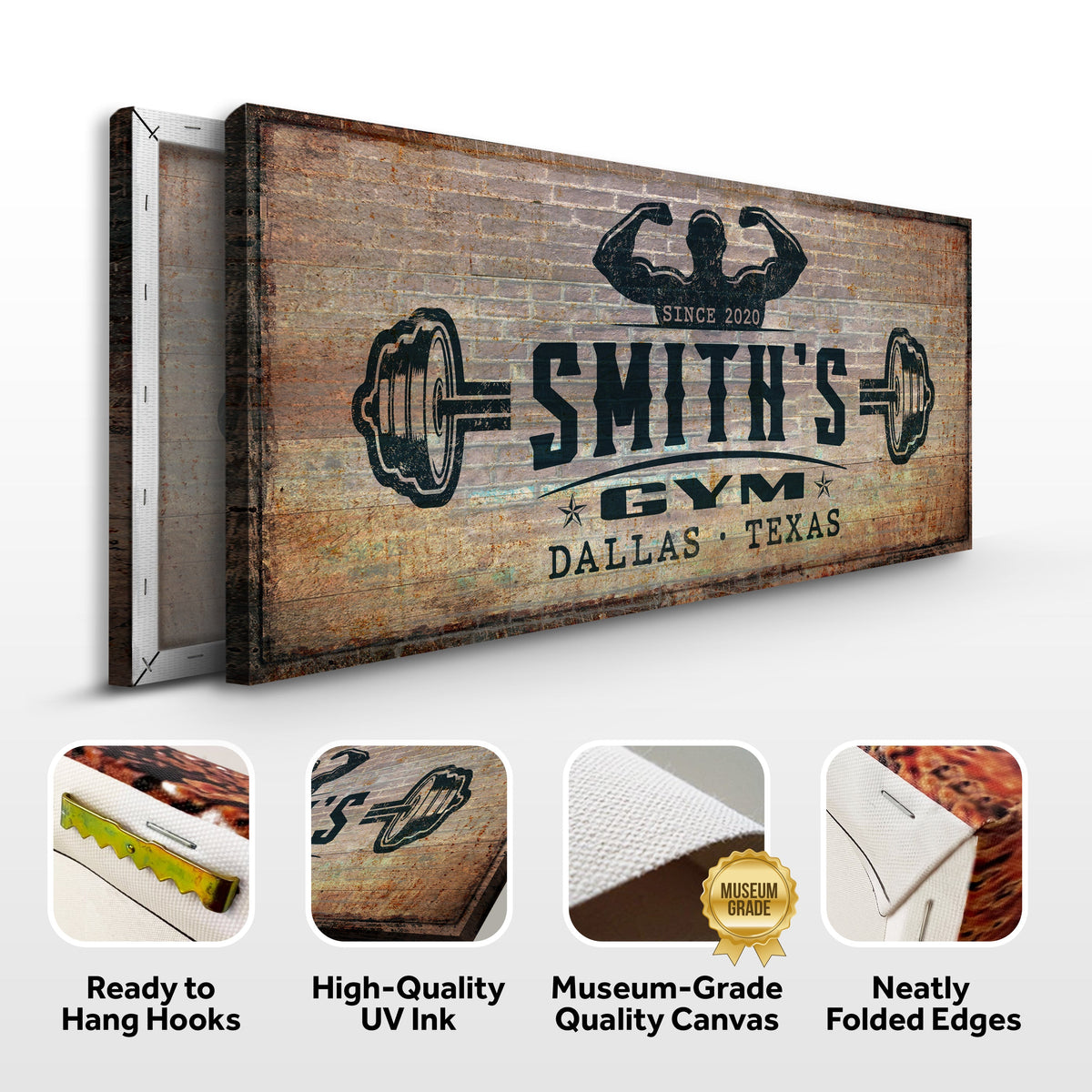 Gym Sign V Crafting Canvas by Tailored Canvases, rustic brick gym banner with weights design on Tampa Home & Garden Store