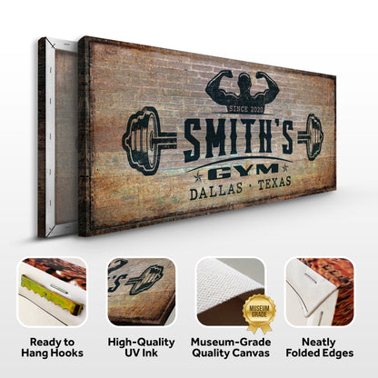 Gym Sign V Crafting Canvas by Tailored Canvases, rustic brick gym banner with weights design on Tampa Home & Garden Store