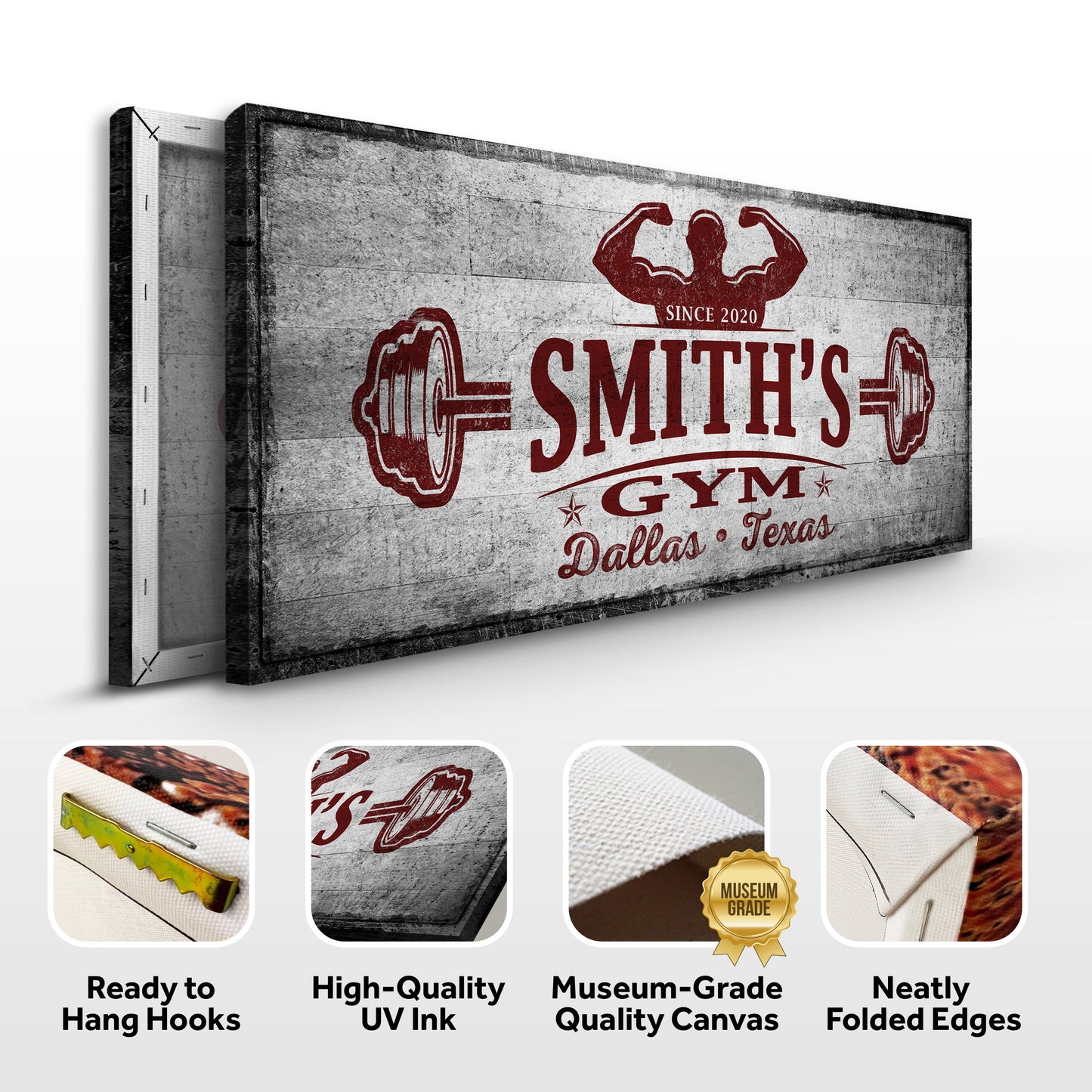 Canvas Gym Sign VI by Tailored Canvases; rustic gray texture with red vintage gym logo Smith's on Tampa Home & Garden Store