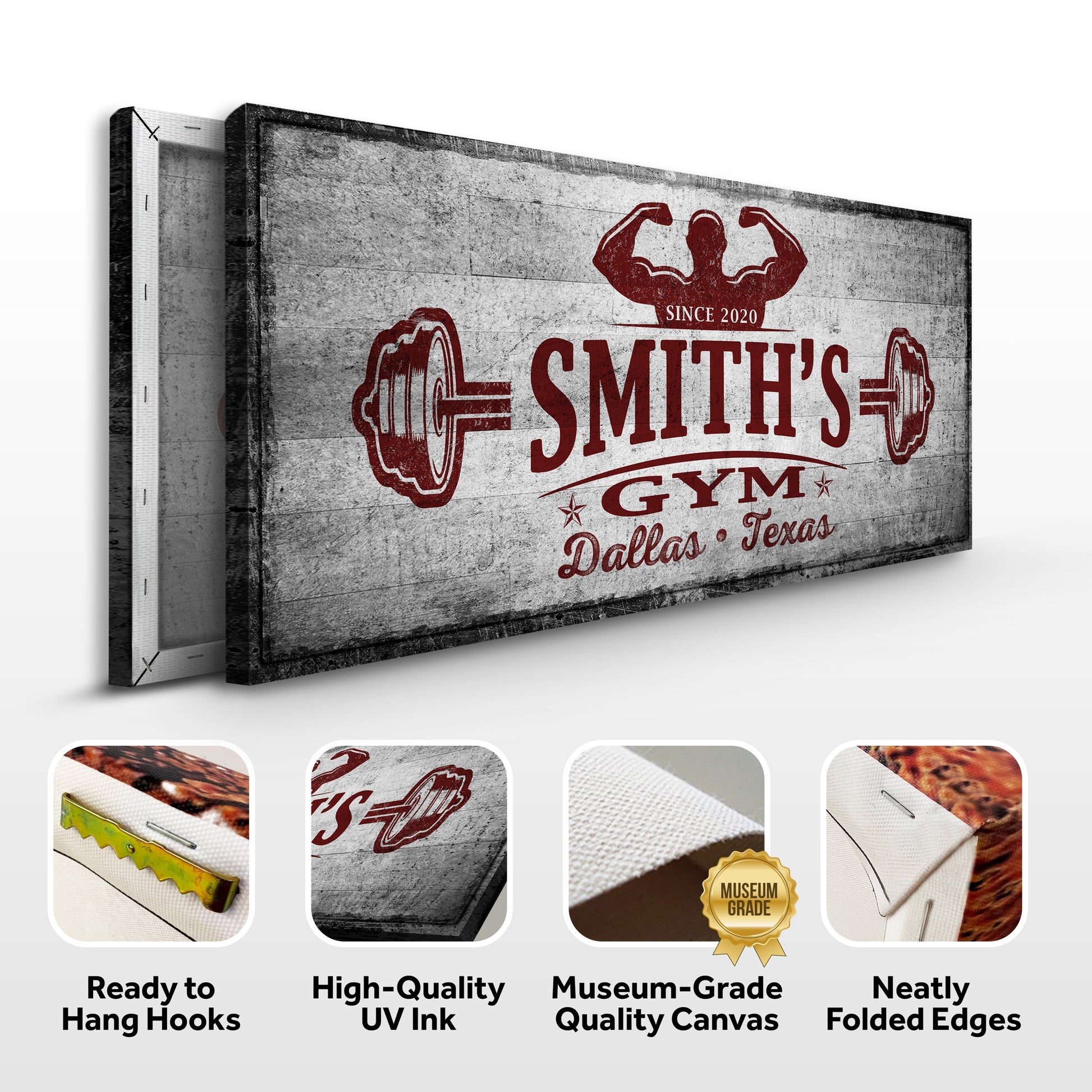 Canvas Gym Sign VI by Tailored Canvases; rustic gray texture with red vintage gym logo Smith's on Tampa Home & Garden Store