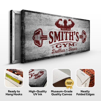 Canvas Gym Sign VI by Tailored Canvases; rustic gray texture with red vintage gym logo Smith's on Tampa Home & Garden Store