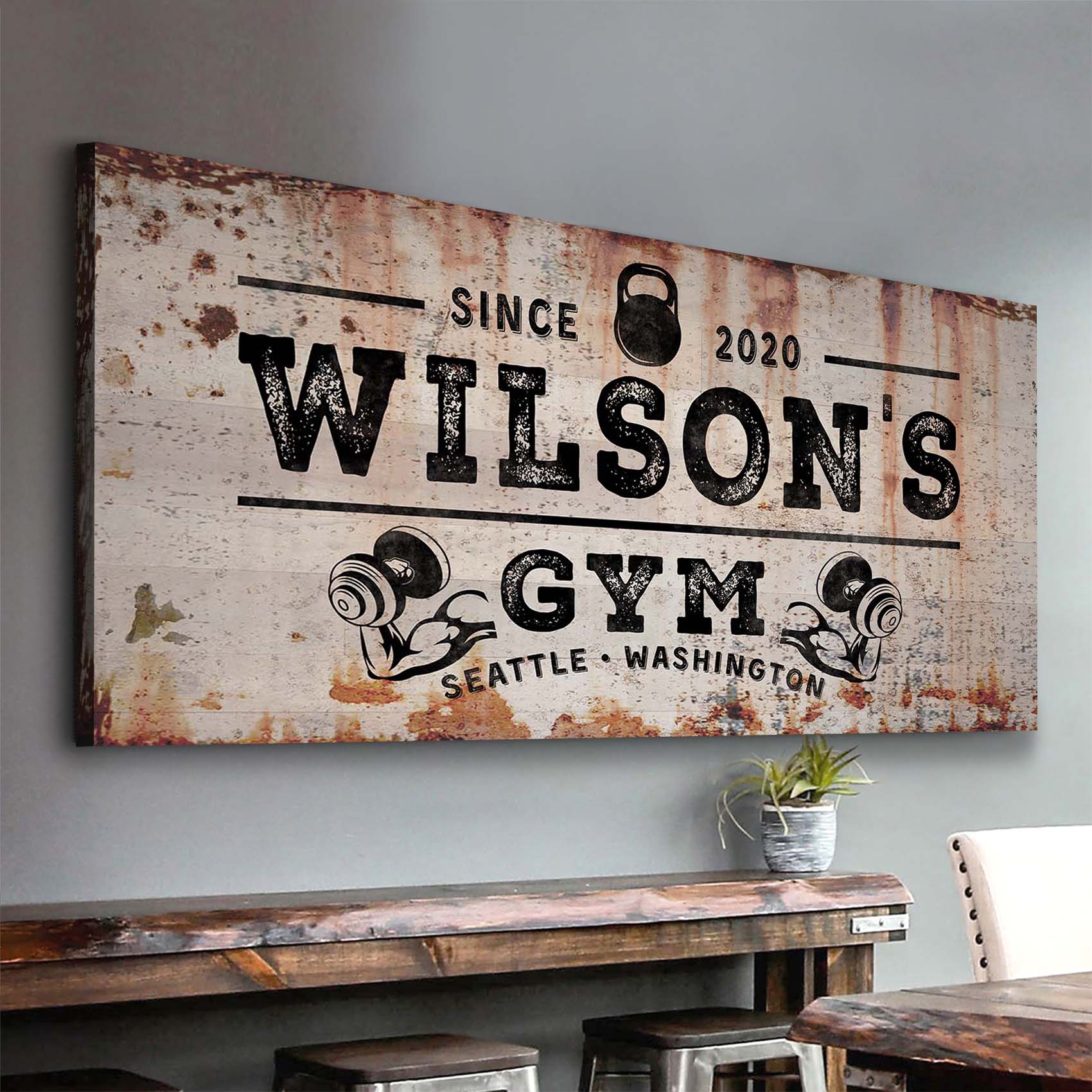 Canvas sign VI by Tailored Canvases, rustic Wilson's Gym design with kettlebell icons and Seattle on Tampa Home & Garden Store