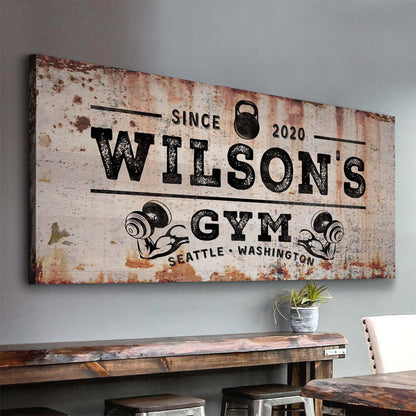 Canvas sign VI by Tailored Canvases, rustic Wilson's Gym design with kettlebell icons and Seattle on Tampa Home & Garden Store