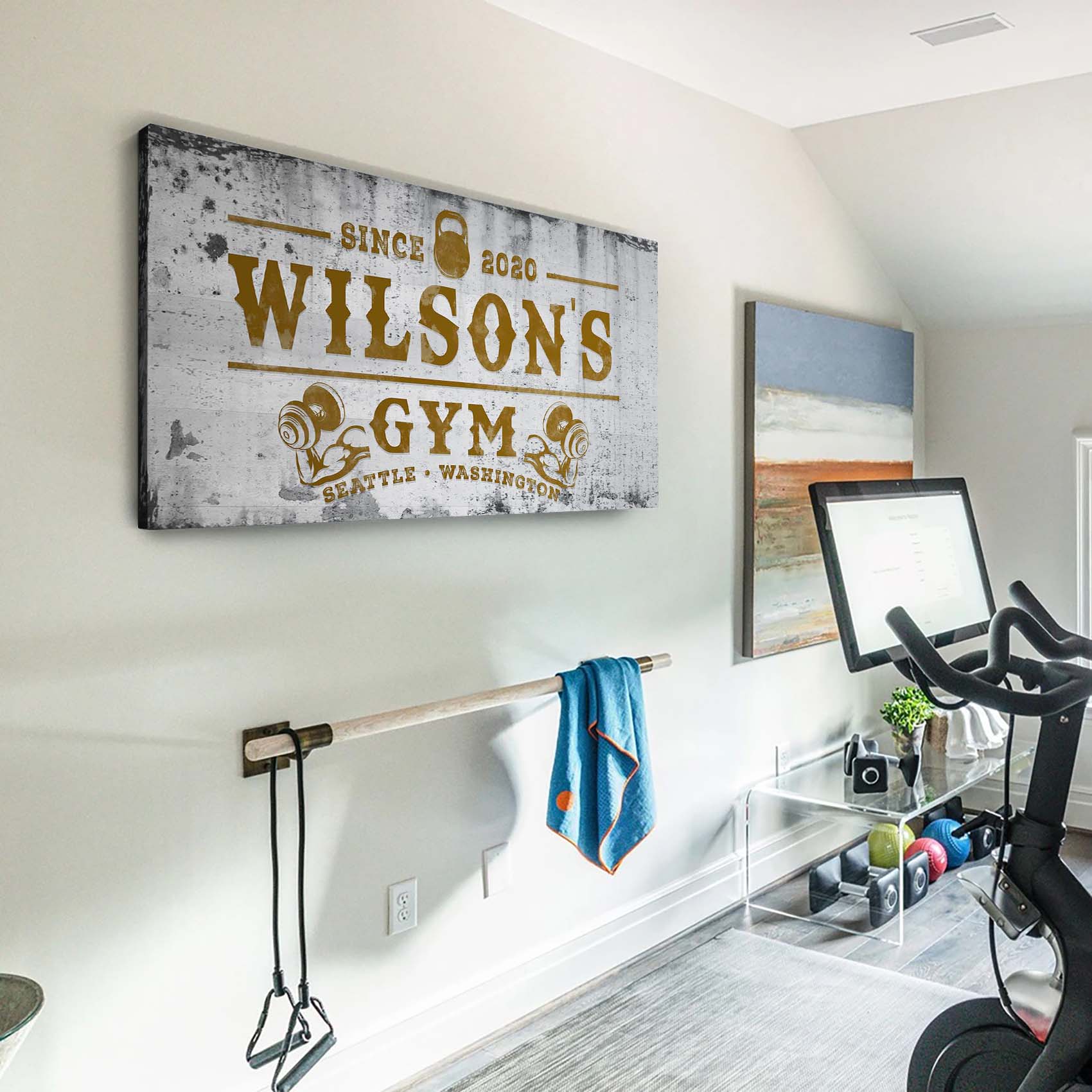 Gym Sign XV canvas wall art with distressed gray background and gold lettering on Tampa Home & Garden Store