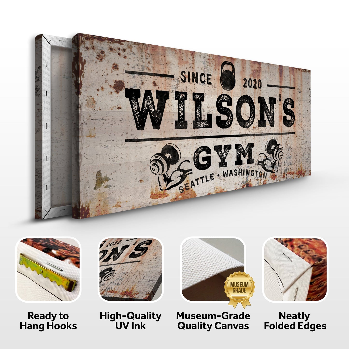 Gym Sign VI canvas wall art by Tailored Canvases distressed rust texture with gym weights icon on Tampa Home & Garden Store