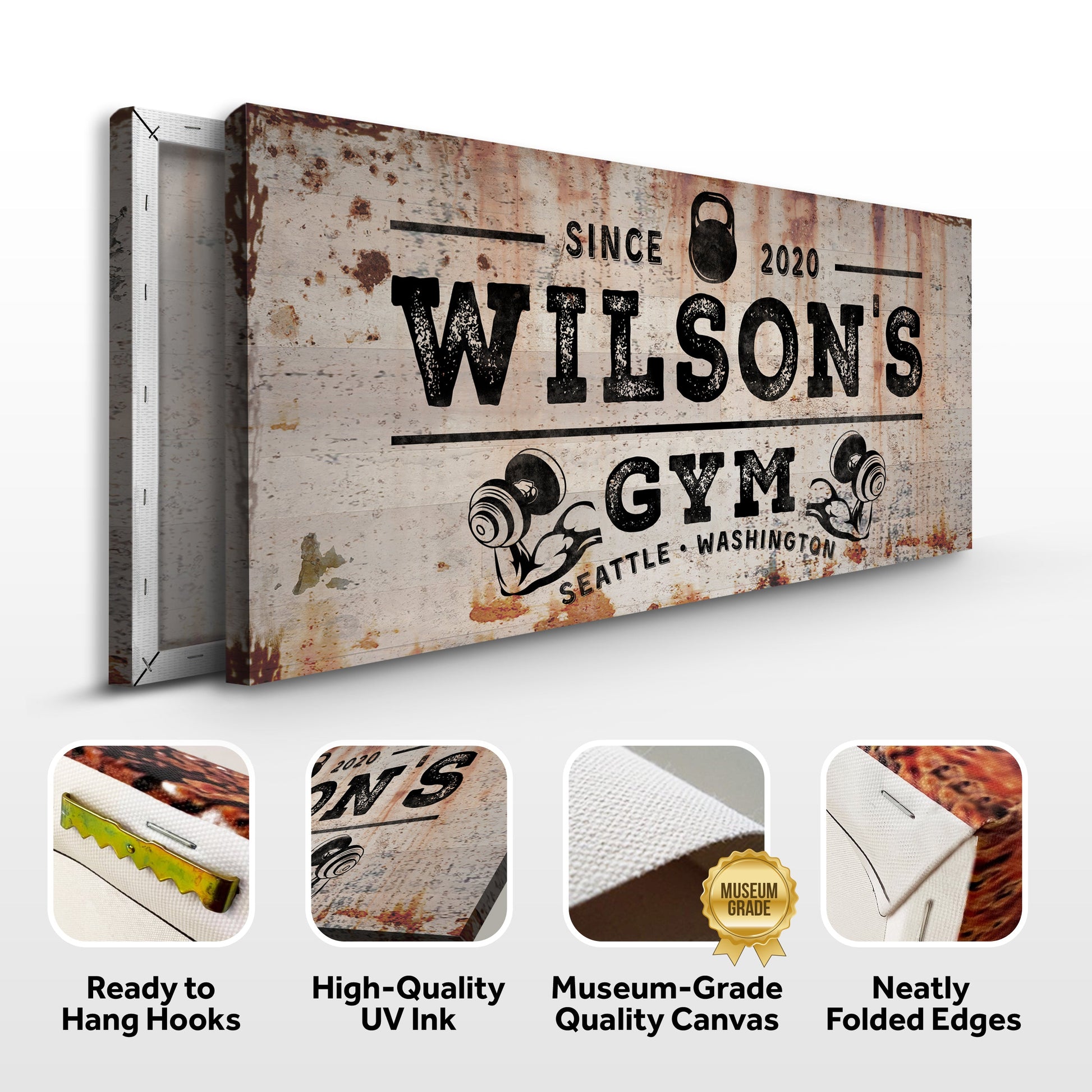 Gym Sign VI canvas wall art by Tailored Canvases distressed rust texture with gym weights icon on Tampa Home & Garden Store