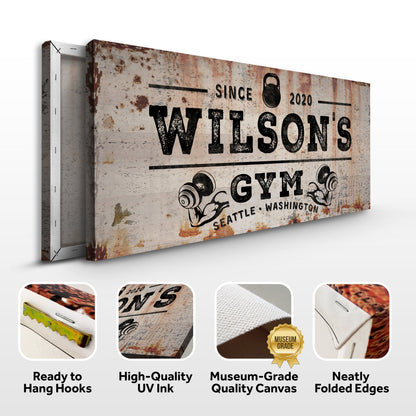 Gym Sign VI canvas wall art by Tailored Canvases distressed rust texture with gym weights icon on Tampa Home & Garden Store