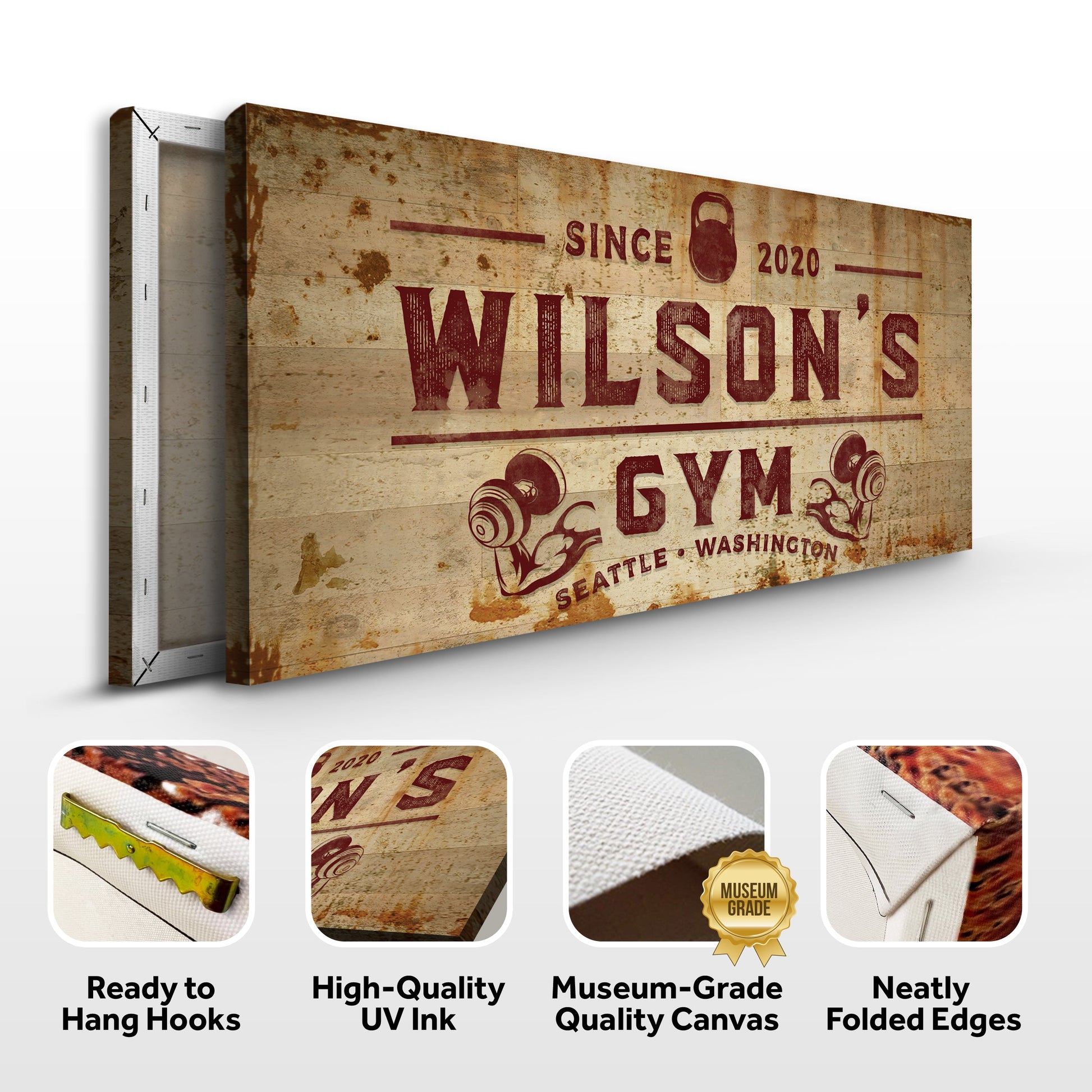 Gym Sign XIV canvas by Tailored Canvases; distressed wood texture with retro gym lettering on Tampa Home & Garden Store