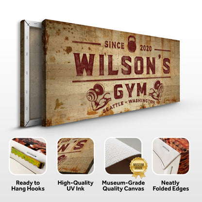 Gym Sign XIV canvas by Tailored Canvases; distressed wood texture with retro gym lettering on Tampa Home & Garden Store
