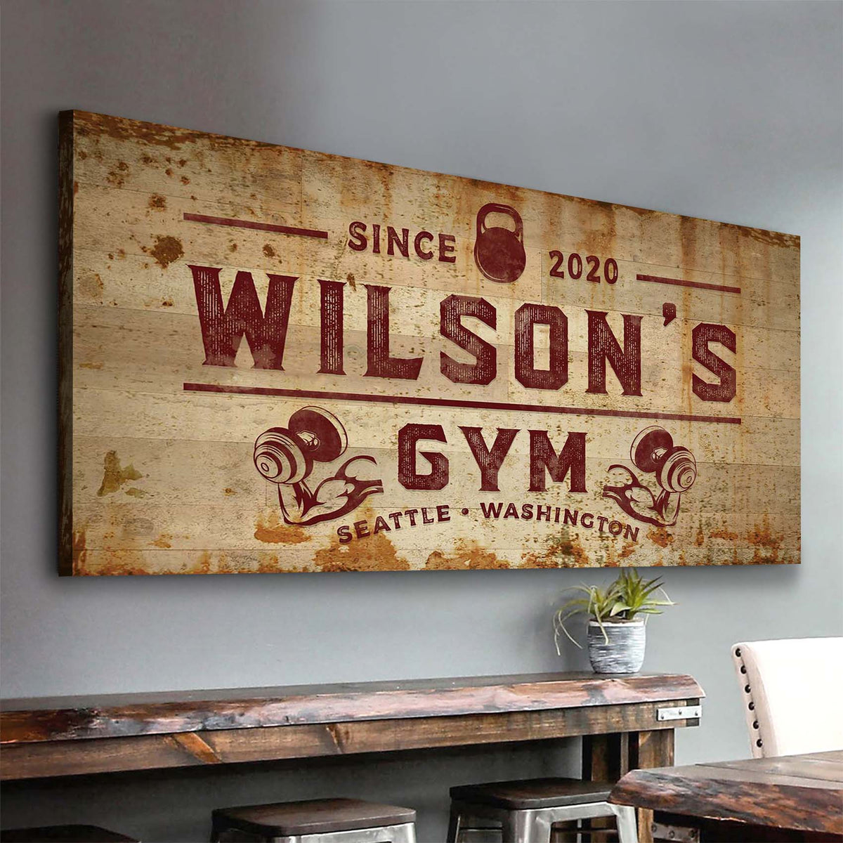 Gym Sign XIV canvas with rustic wood grain, vintage Wilson's Gym signage, kettlebell icon on Tampa Home & Garden Store