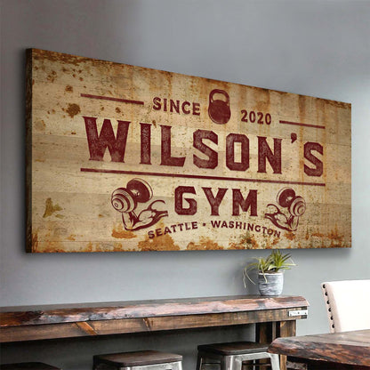 Gym Sign XIV canvas with rustic wood grain, vintage Wilson's Gym signage, kettlebell icon on Tampa Home & Garden Store