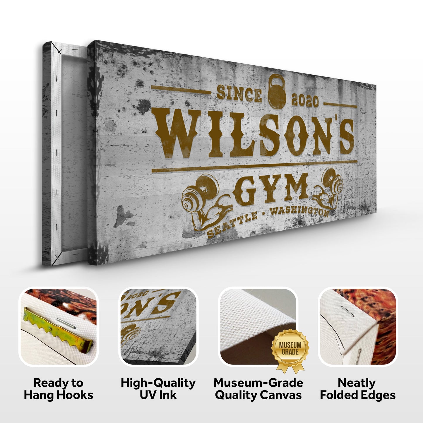 Gym Sign XV canvas with weathered gray texture and bold gold WILSONS lettering since 2020 on Tampa Home & Garden Store