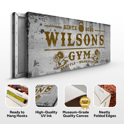 Gym Sign XV canvas with weathered gray texture and bold gold WILSONS lettering since 2020 on Tampa Home & Garden Store