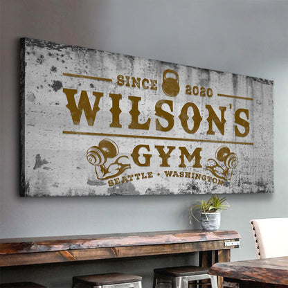 Gym Sign XV canvas with weathered white gray surface and gold typography by Tailored Canvases on Tampa Home & Garden Store