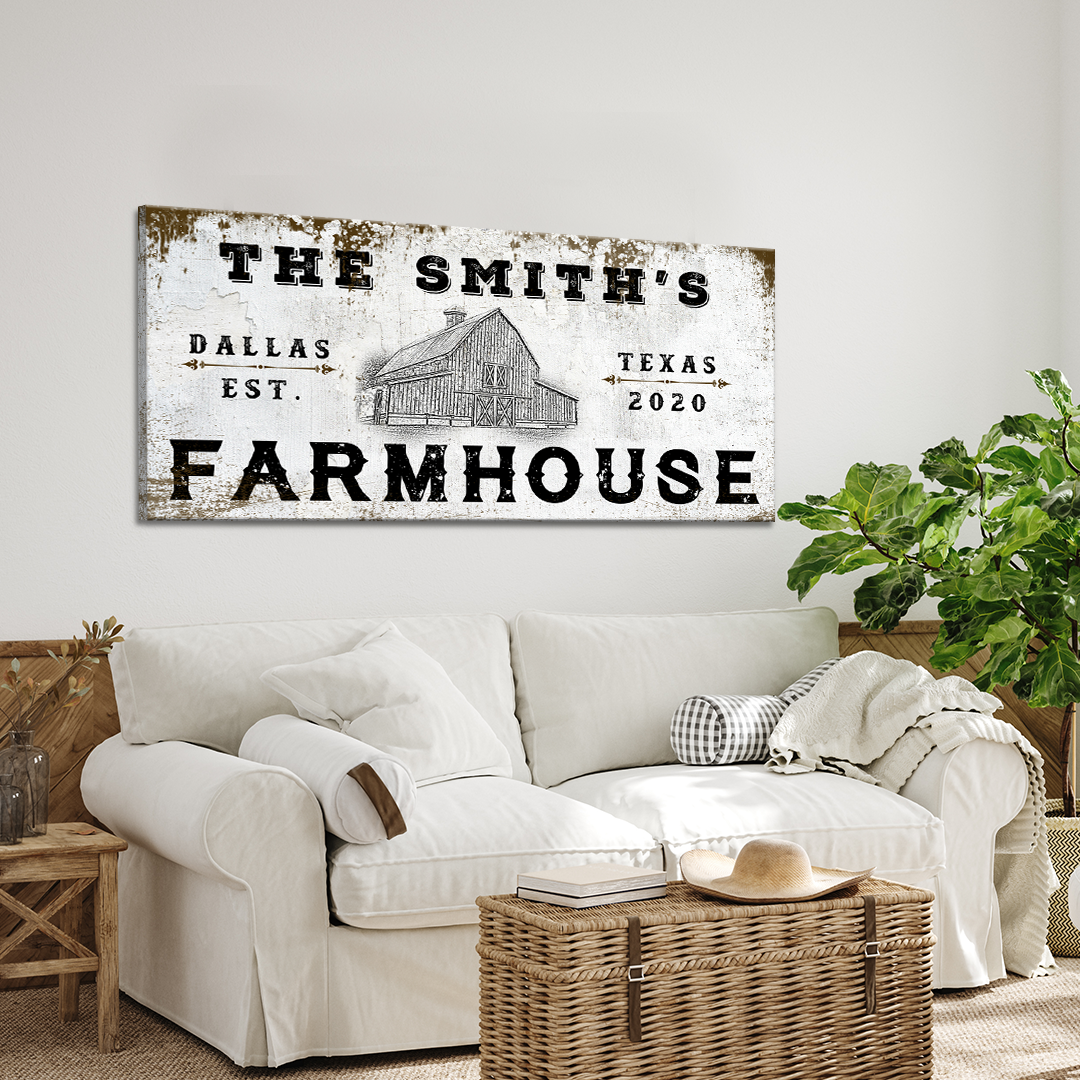Farmhouse Sign IV canvas wall art by Tailored Canvases; distressed white with black typography on Tampa Home & Garden Store