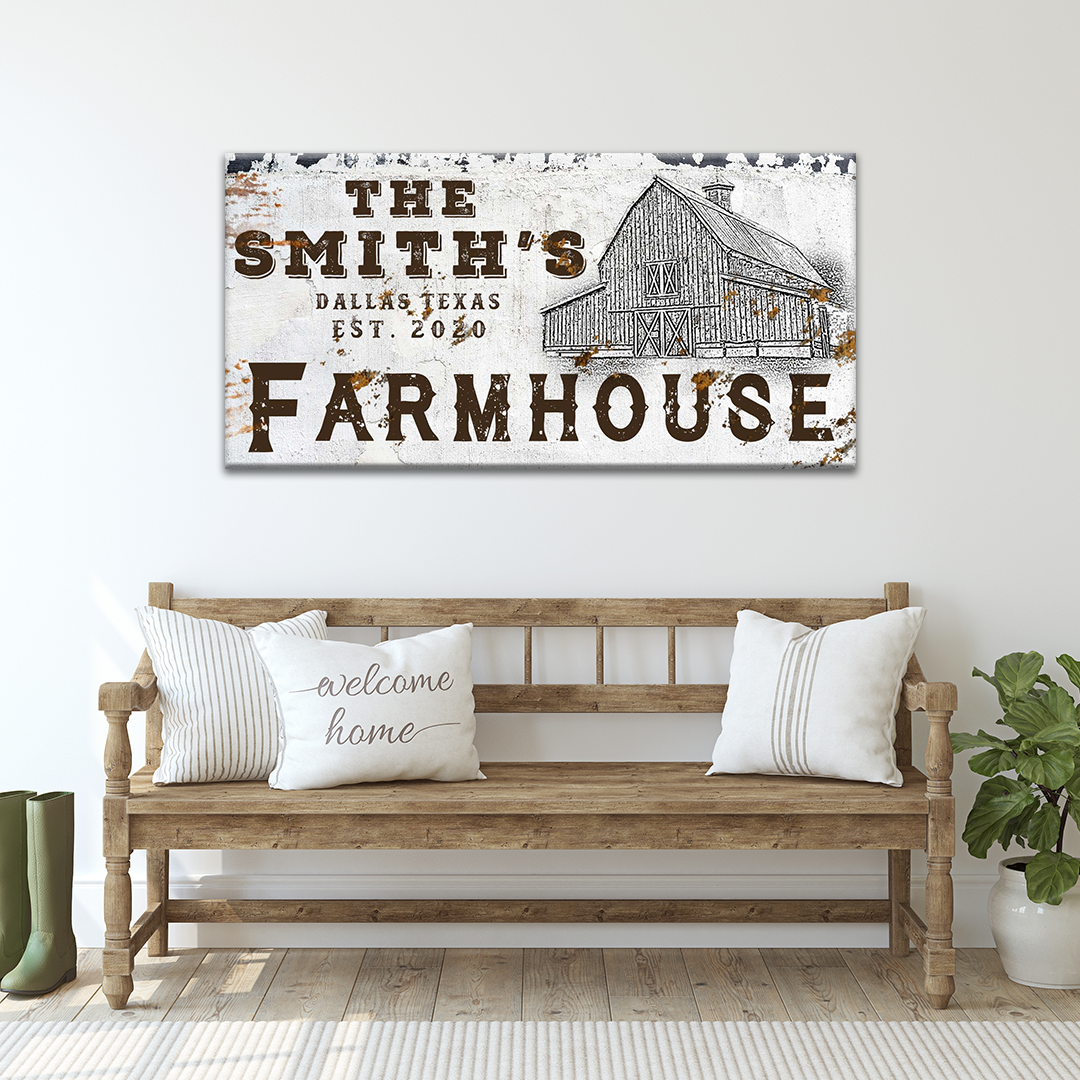 Farmhouse Sign IV canvas wall art with rustic brown lettering and barn illustration on Tampa Home & Garden Store