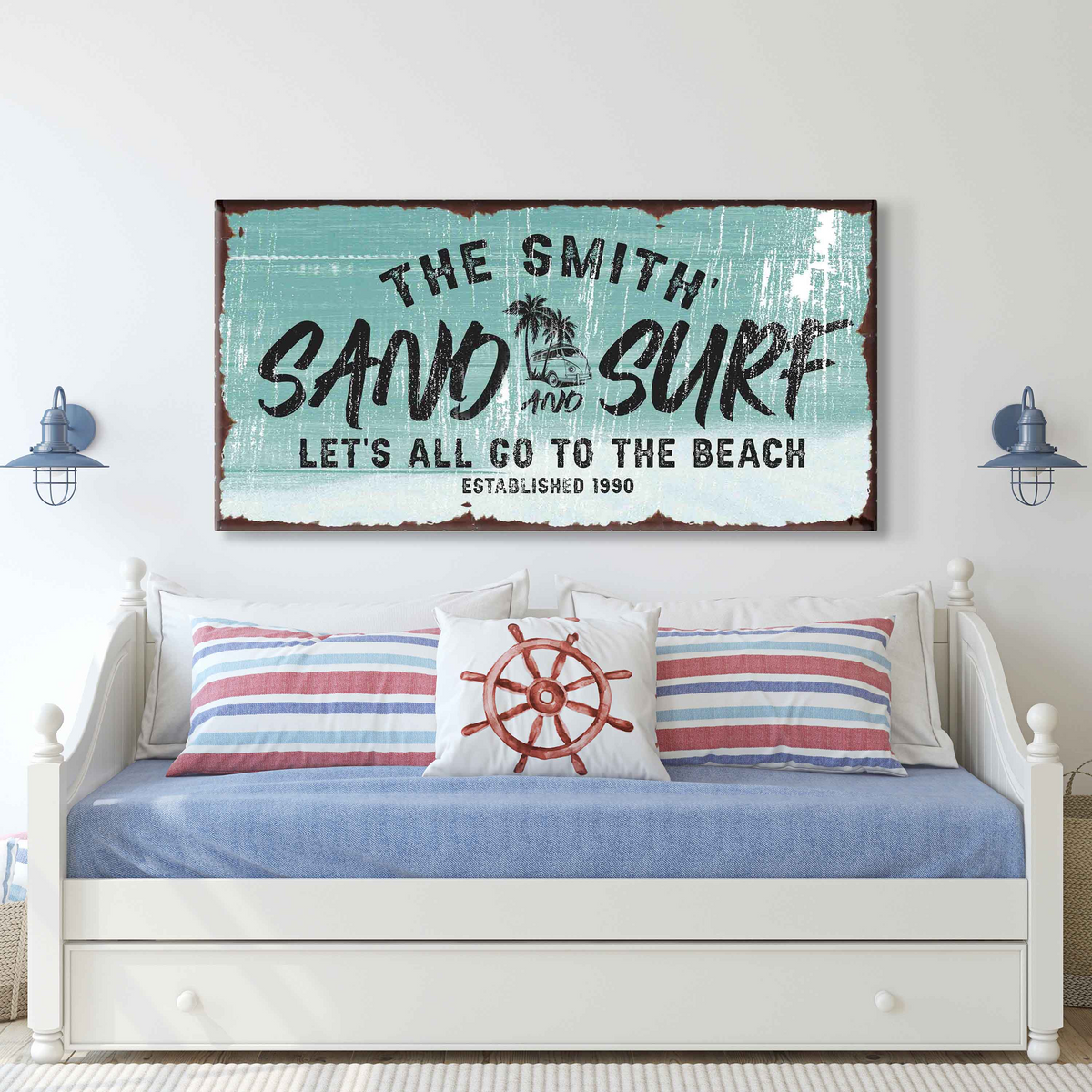 Sand and Surf Sign II canvas by Tailored Canvases finish bold black typography rustic border on Tampa Home & Garden Store