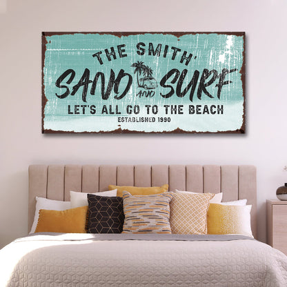 Sand and Surf Sign II canvas wall art in teal distressed finish by Tailored Canvases on Tampa Home & Garden Store