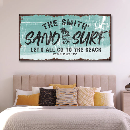 Sand and Surf Sign II canvas wall art in teal distressed finish by Tailored Canvases on Tampa Home & Garden Store