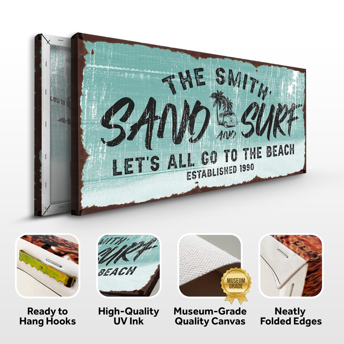 Sand and Surf Sign II canvas wall art with turquoise distressed finish and black lettering on Tampa Home & Garden Store