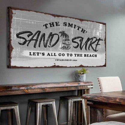 Sand and Surf Sign VI canvas crafting sign with distressed white panel and palm tree van graphic on Tampa Home & Garden Store