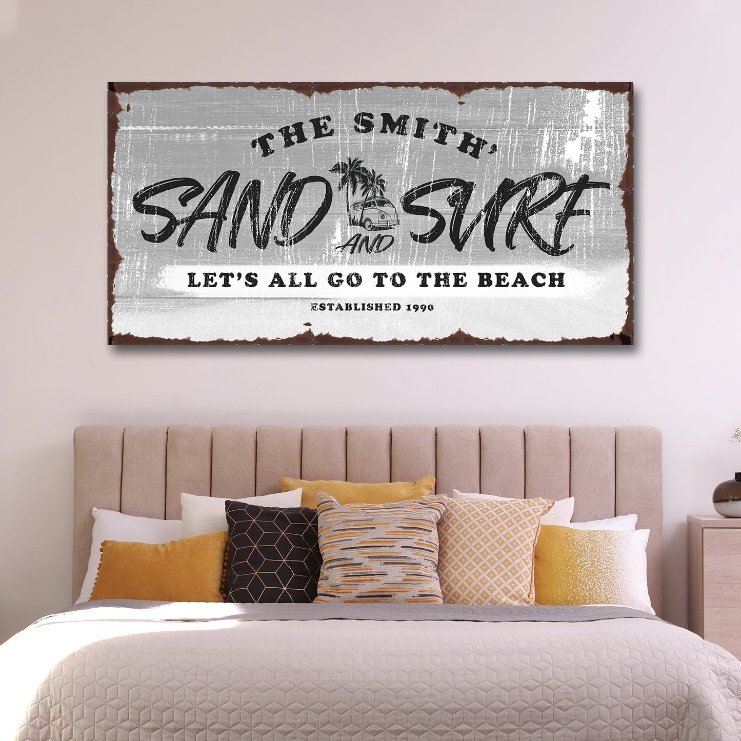 Sand and Surf Sign VI canvas wall art by Tailored Canvases, distressed gray sign on Tampa Home & Garden Store