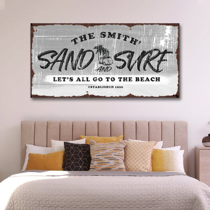Sand and Surf Sign VI canvas wall art by Tailored Canvases, distressed gray sign on Tampa Home & Garden Store