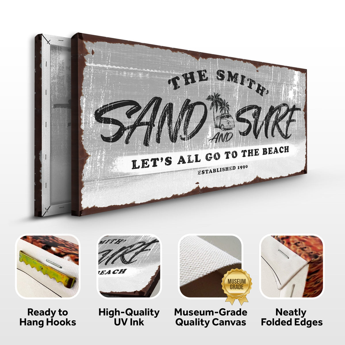 Sand and Surf Sign VI canvas by Tailored Canvases, distressed gray sign with brown edges on Tampa Home & Garden Store