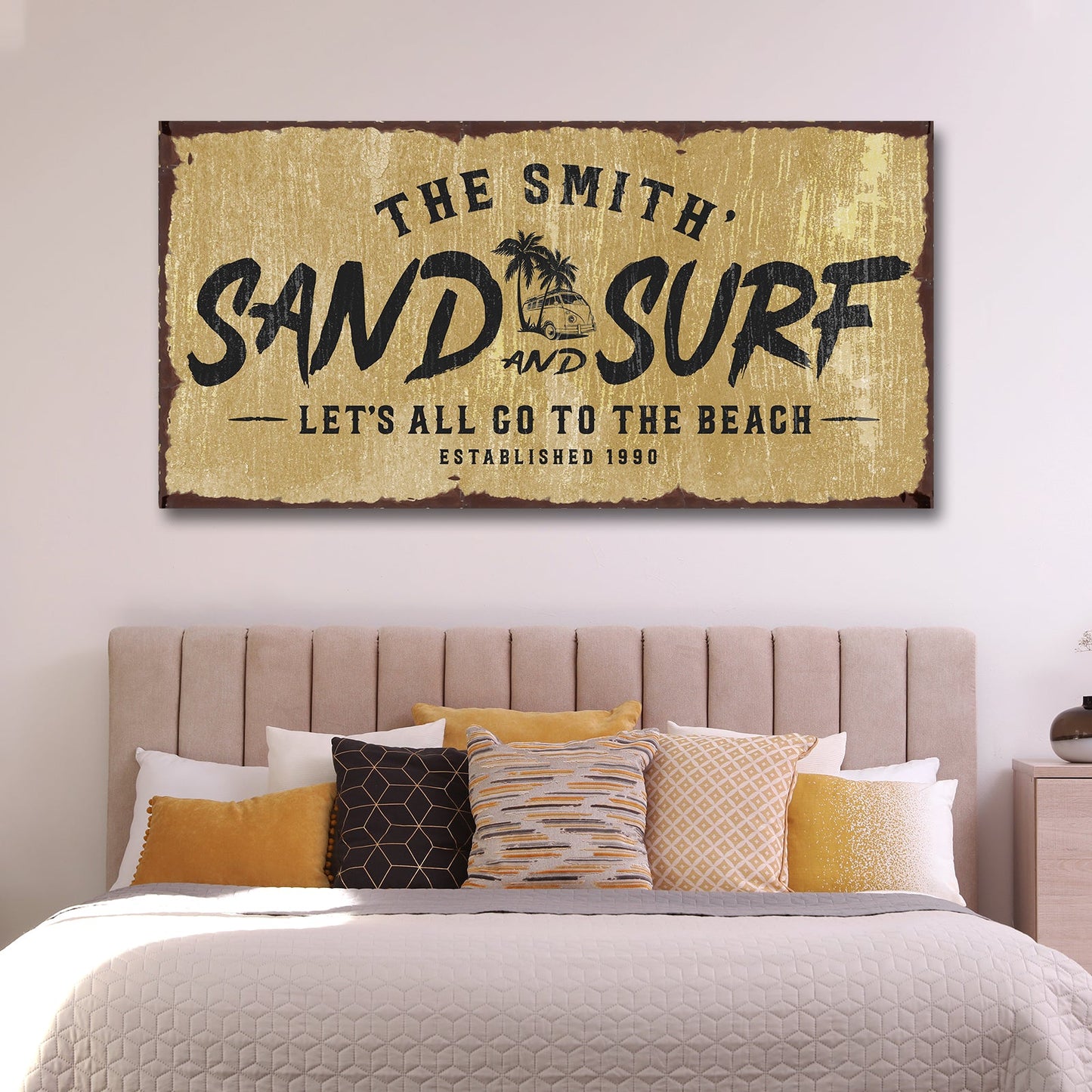 Sand and Surf Sign II canvas wall art with gold distressed background and bold black typography on Tampa Home & Garden Store