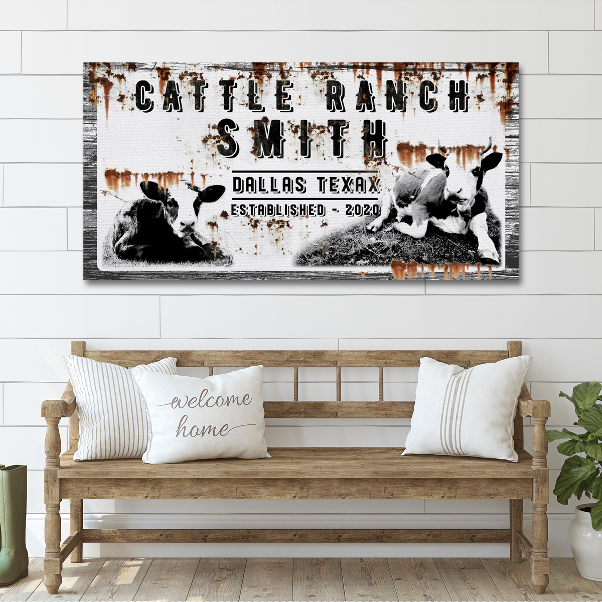 Cattle Ranch Vintage Sign canvas wall art by Tailored Canvases with rustic cows on Tampa Home & Garden Store