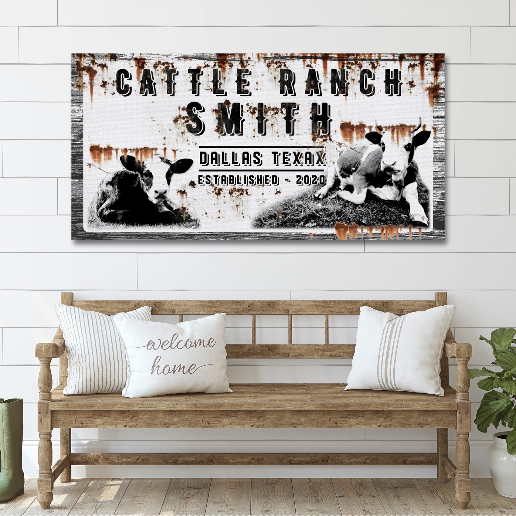 Cattle Ranch Vintage Sign canvas wall art by Tailored Canvases with rustic cows on Tampa Home & Garden Store