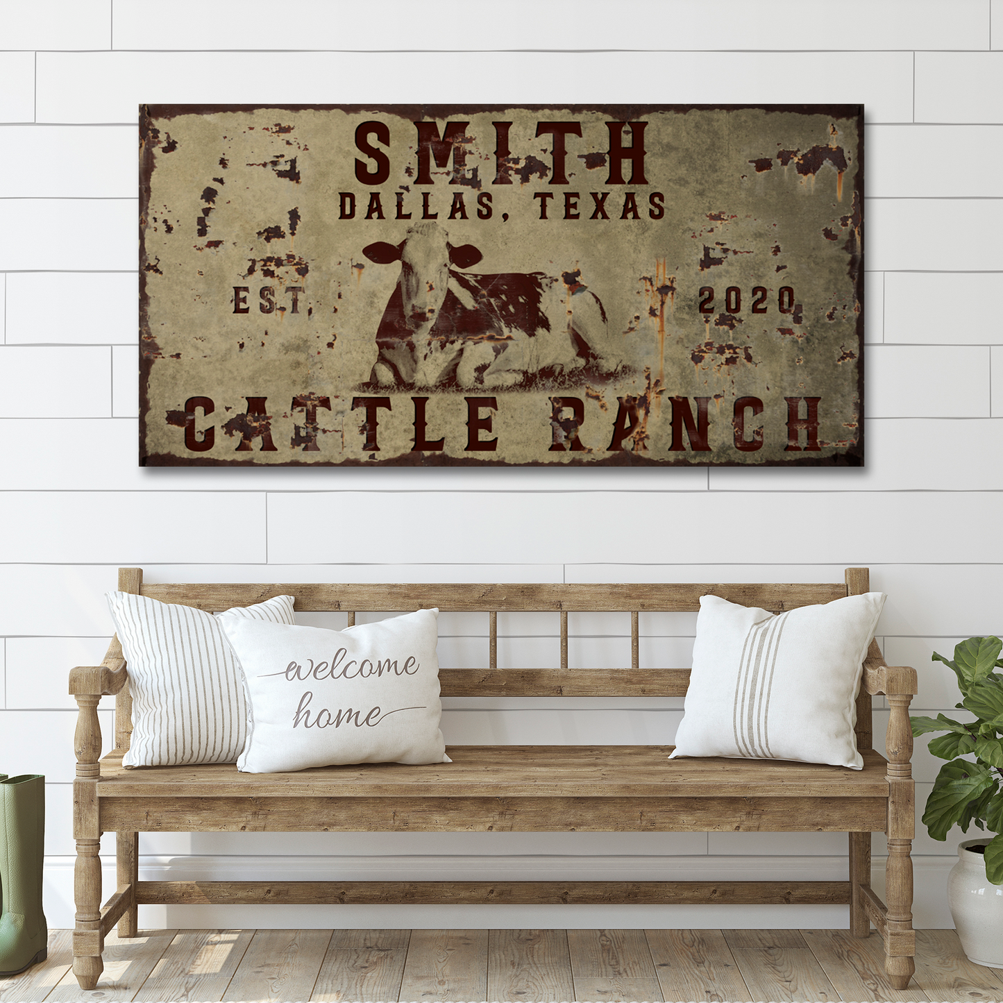 Cattle Ranch vintage canvas sign with distressed brown rustic finish on Tampa Home & Garden Store
