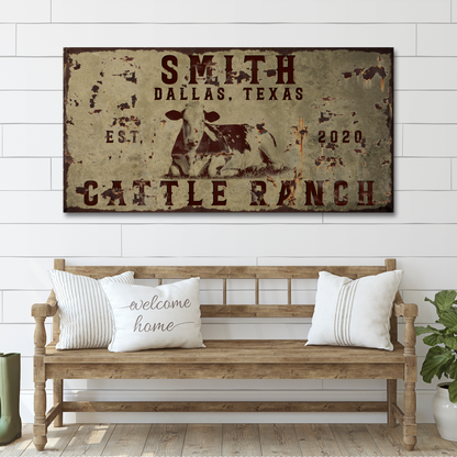Cattle Ranch vintage canvas sign with distressed brown rustic finish on Tampa Home & Garden Store