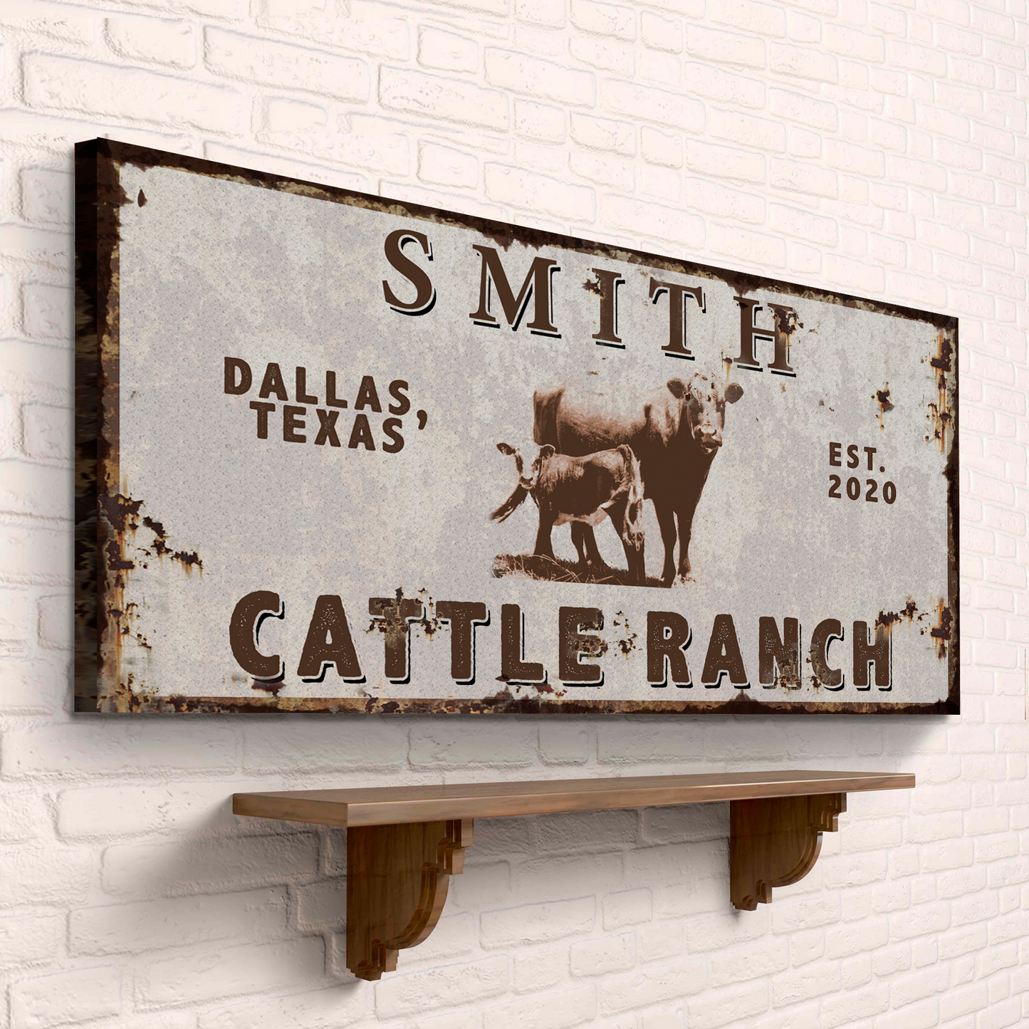 Angus Cattle Ranch canvas sign by Tailored Canvases with rustic distressed look on wall on Tampa Home & Garden Store