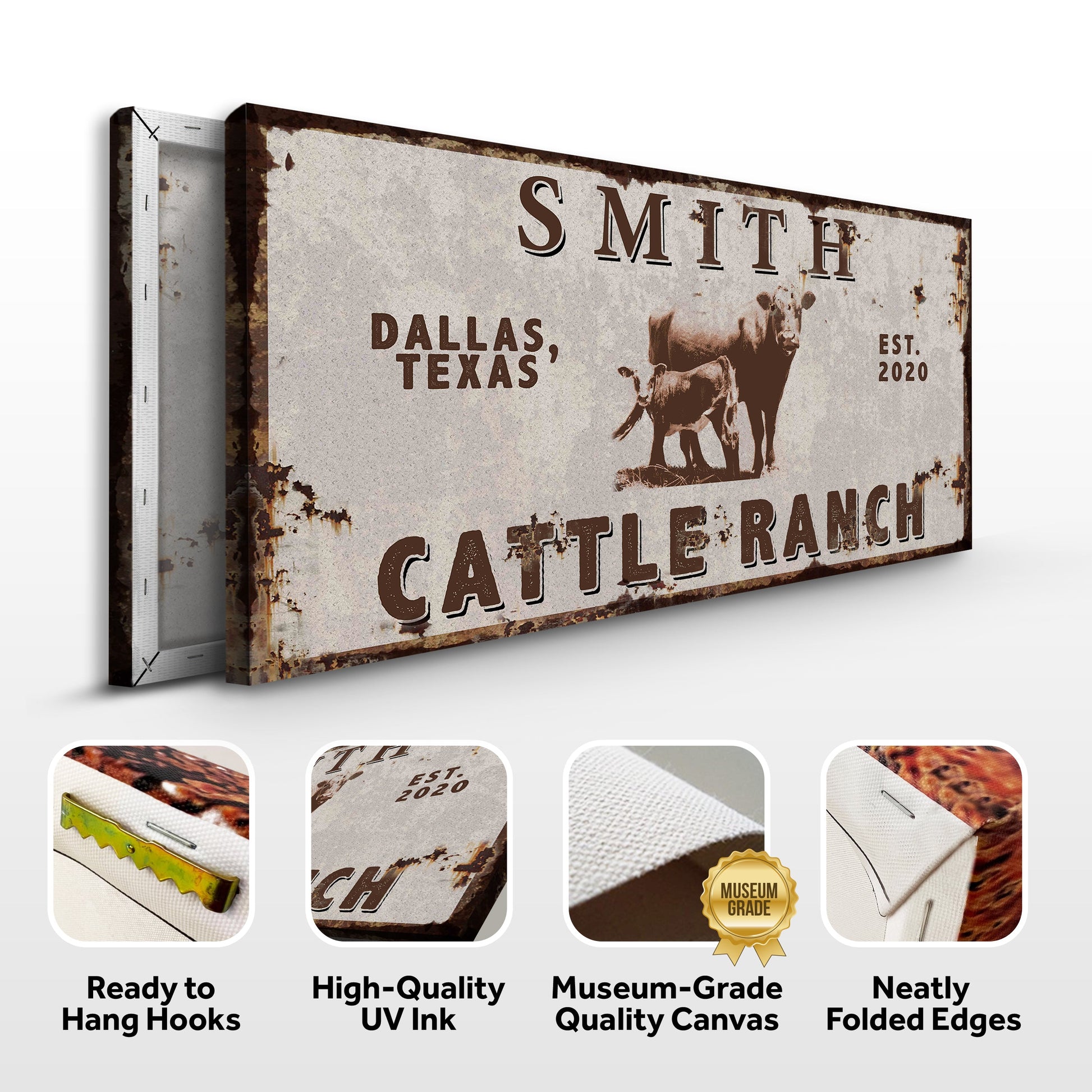 Angus Cattle Ranch Sign canvas with rusted edges and vintage lettering Dallas TX est 2020 on Tampa Home & Garden Store