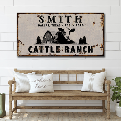 Angus cattle ranch sign canvas print with barn and cow silhouette on beige background on Tampa Home & Garden Store
