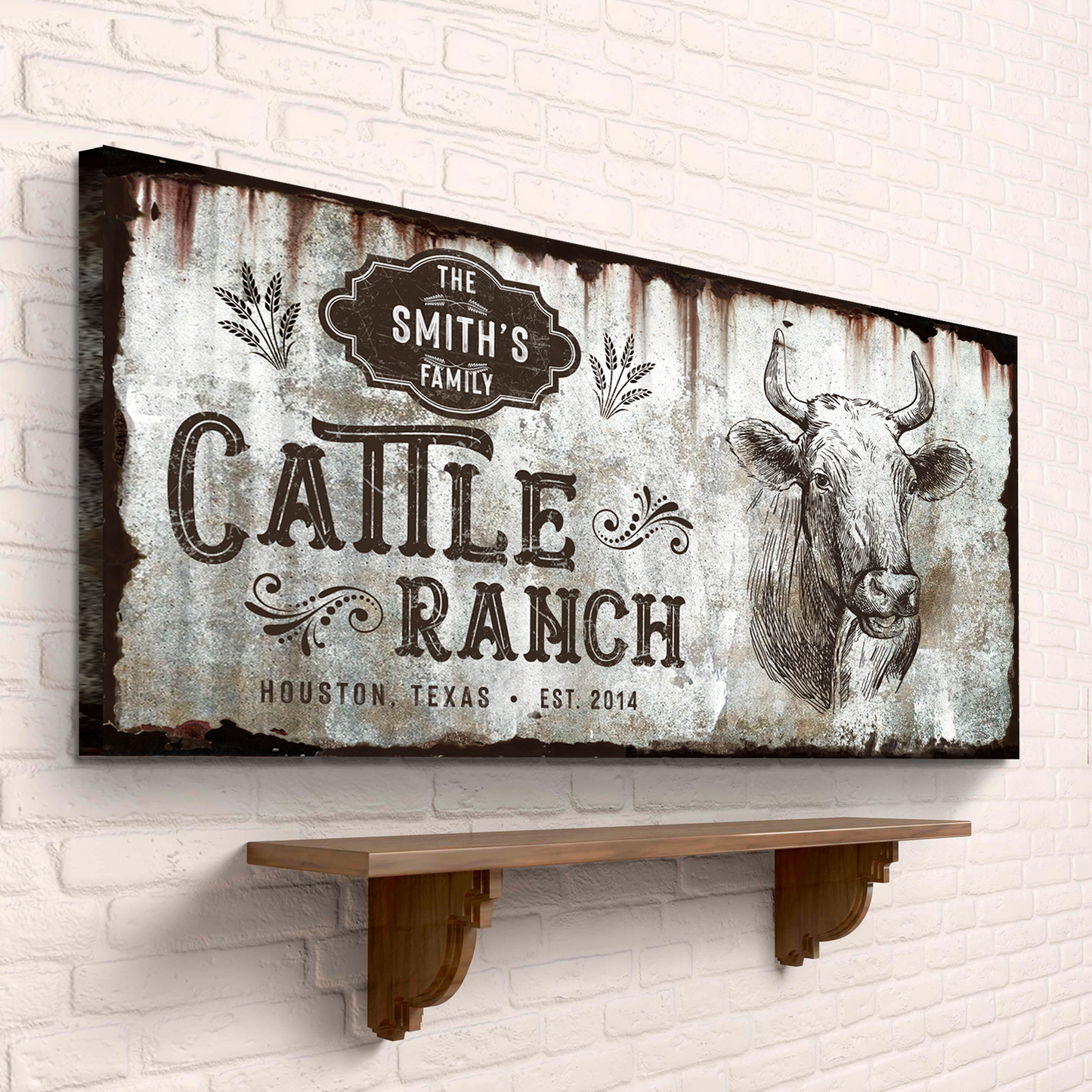Vintage cattle ranch sign canvas with rustic metal backdrop and cow Tailored Canvases on Tampa Home & Garden Store