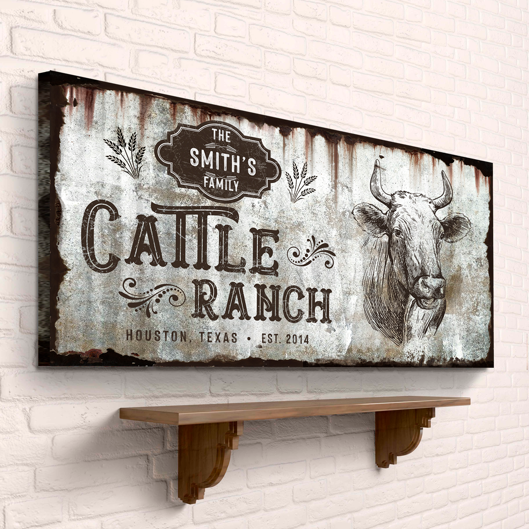 Vintage cattle ranch sign canvas with rustic metal backdrop and cow Tailored Canvases on Tampa Home & Garden Store
