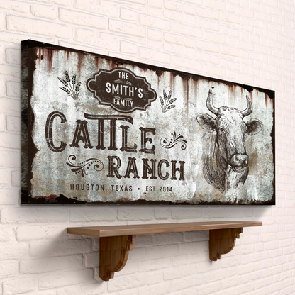 Vintage cattle ranch sign canvas with rustic metal backdrop and cow Tailored Canvases on Tampa Home & Garden Store