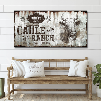 Vintage cattle ranch sign canvas with cow sketch and rustic backdrop on Tampa Home & Garden Store