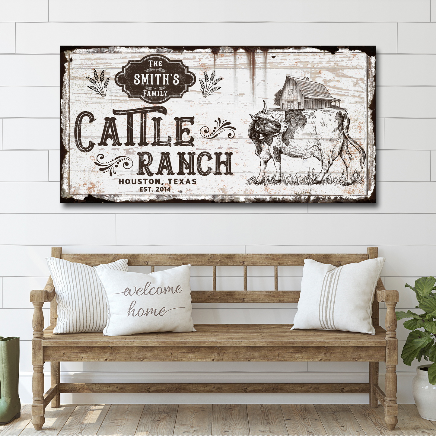Vintage cattle ranch sign canvas by Tailored Canvases with rustic cow and barn scene on Tampa Home & Garden Store