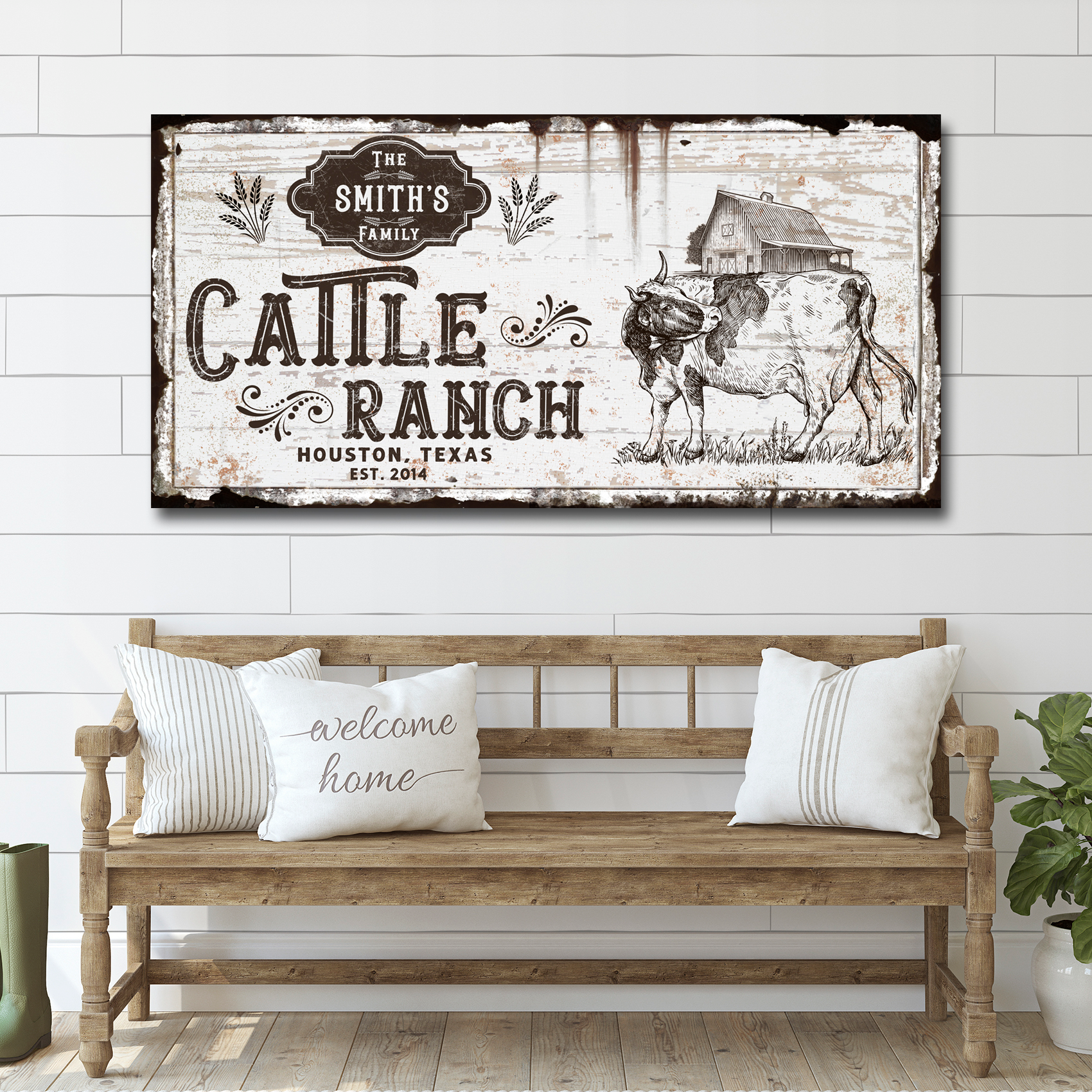 Vintage cattle ranch sign canvas by Tailored Canvases with rustic cow and barn scene on Tampa Home & Garden Store