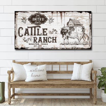 Vintage cattle ranch sign canvas by Tailored Canvases with rustic cow and barn scene on Tampa Home & Garden Store